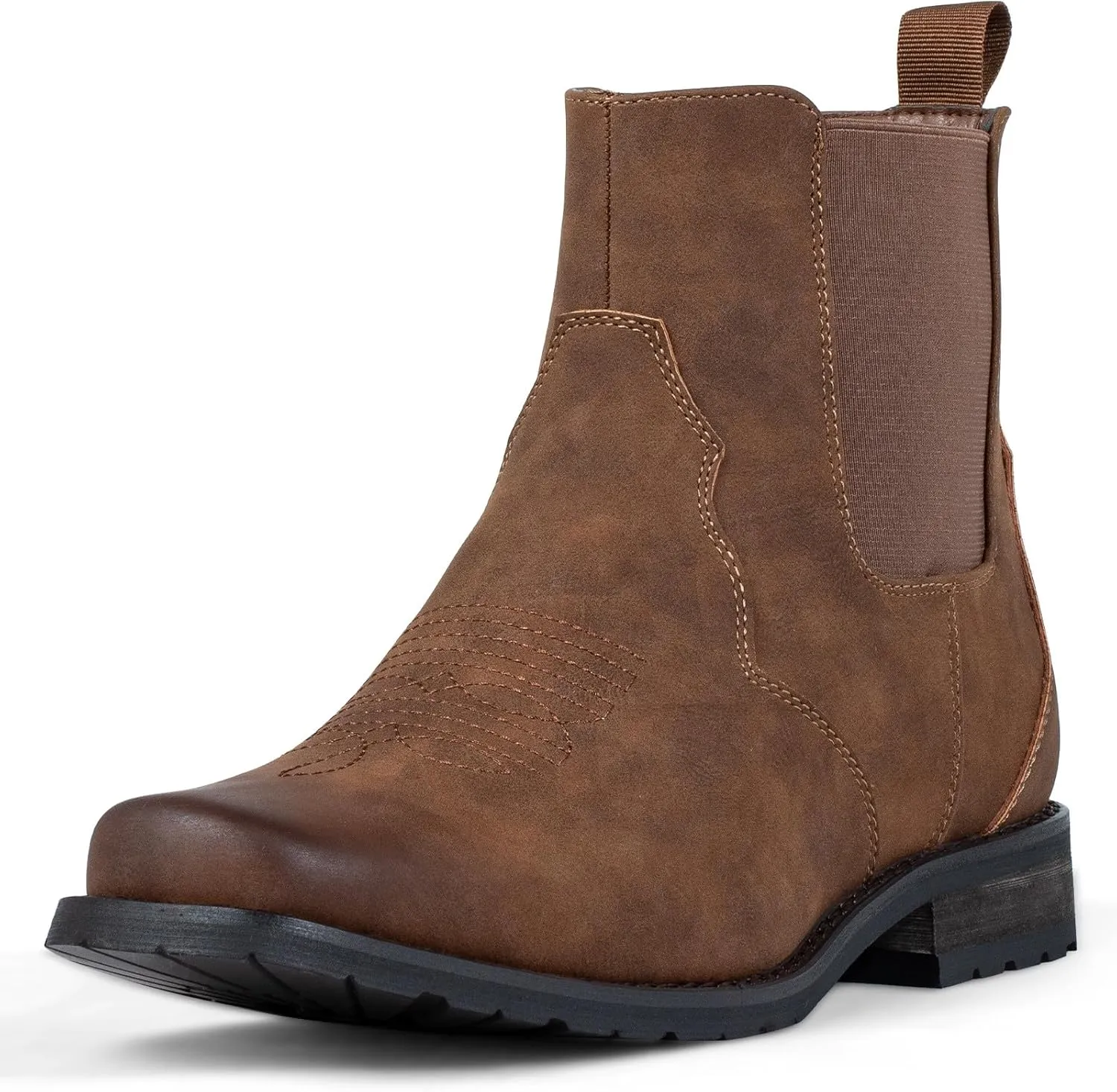 J's.o.l.e Western Cowboy Boots for Men Square Toe Chelsea Boots Ankle Mens Boots Slip On Casual Dress Shoes Brown