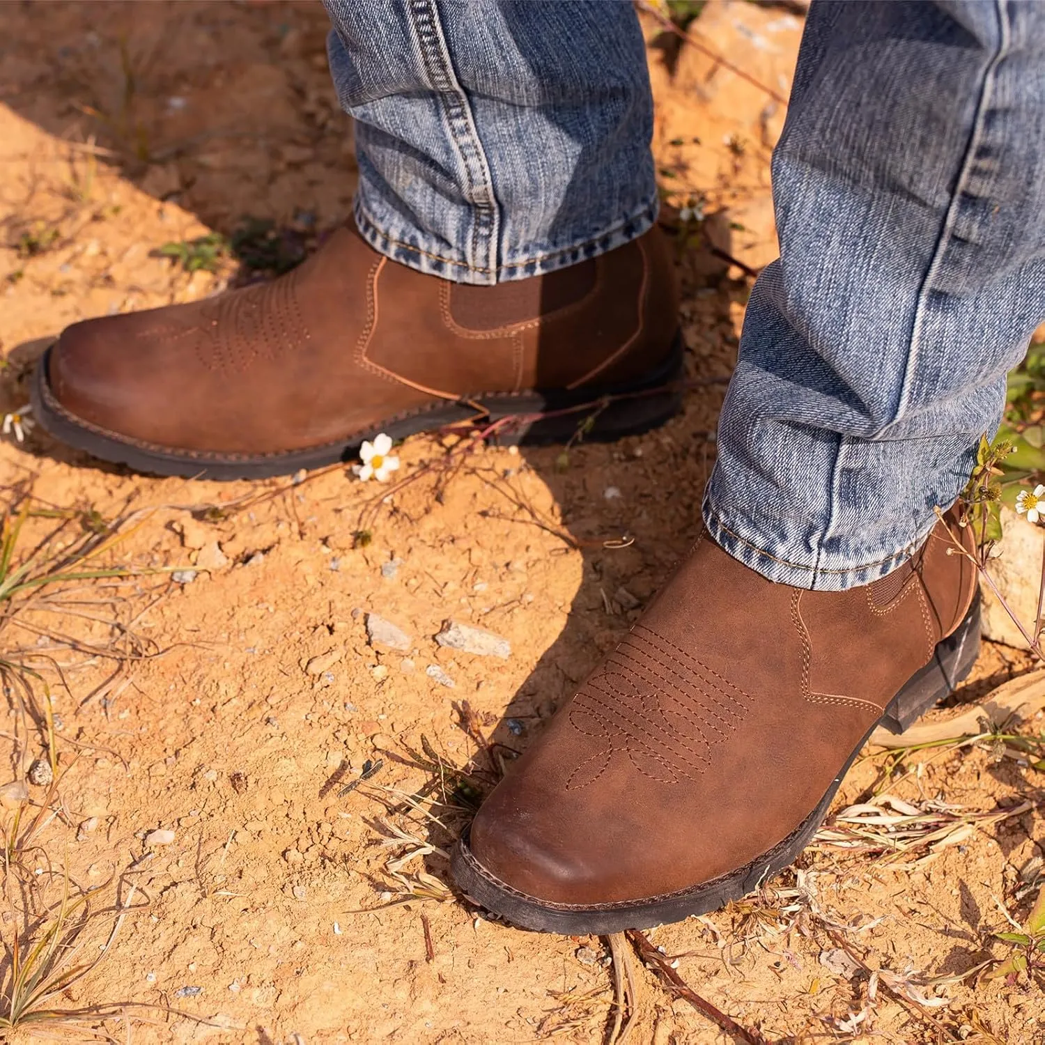 J's.o.l.e Western Cowboy Boots for Men Square Toe Chelsea Boots Ankle Mens Boots Slip On Casual Dress Shoes Brown