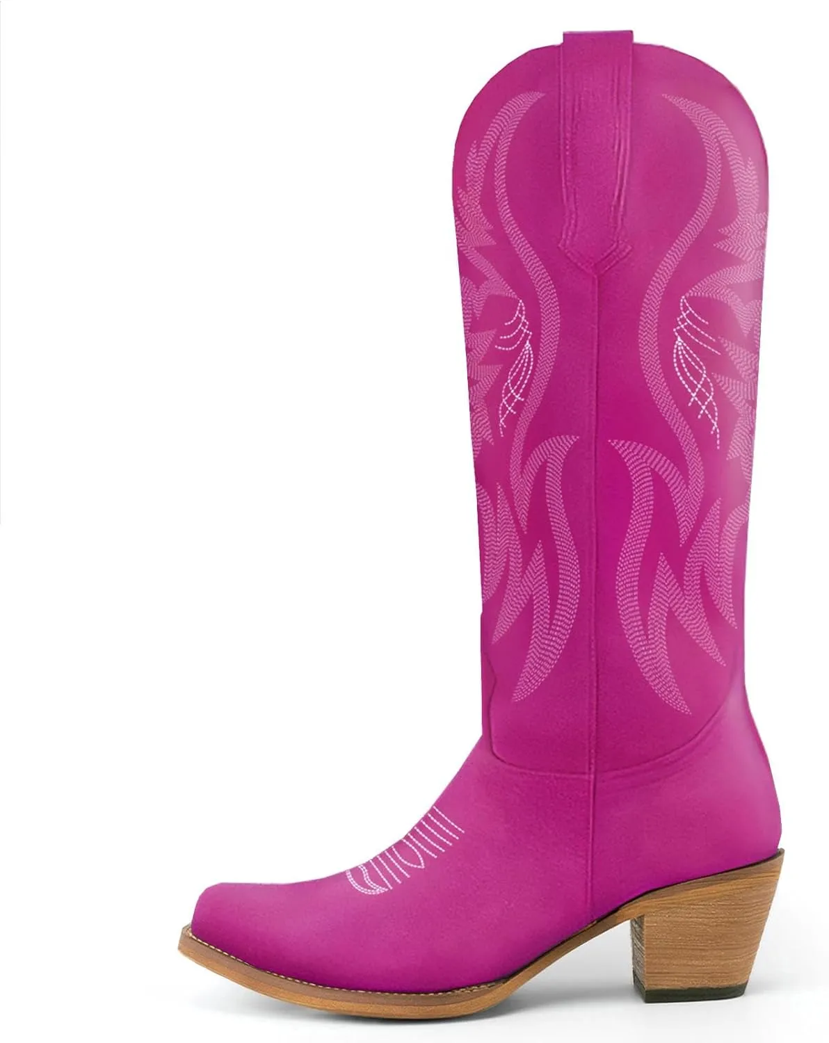 KaroNairy Women Cowboy Boots Faux Suede Embroidered Pointed Thick Heeled Western Wide Calf Cowgirl Ponited Toe Mid Calf Boots