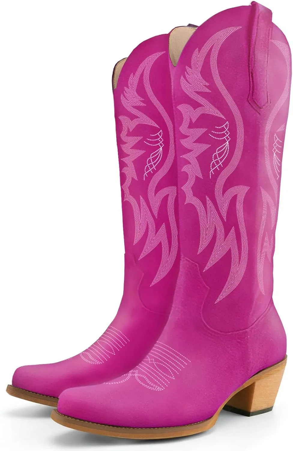 KaroNairy Women Cowboy Boots Faux Suede Embroidered Pointed Thick Heeled Western Wide Calf Cowgirl Ponited Toe Mid Calf Boots