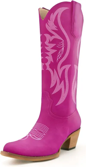 KaroNairy Women Cowboy Boots Faux Suede Embroidered Pointed Thick Heeled Western Wide Calf Cowgirl Ponited Toe Mid Calf Boots