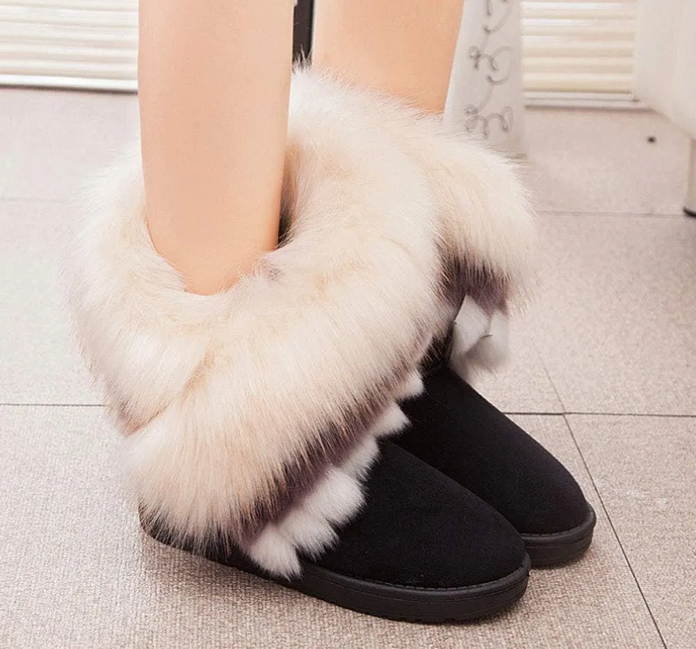 King Ma Women's Faux Fur Tassel Winter Snow Boot Suede Flat Ankle Boots