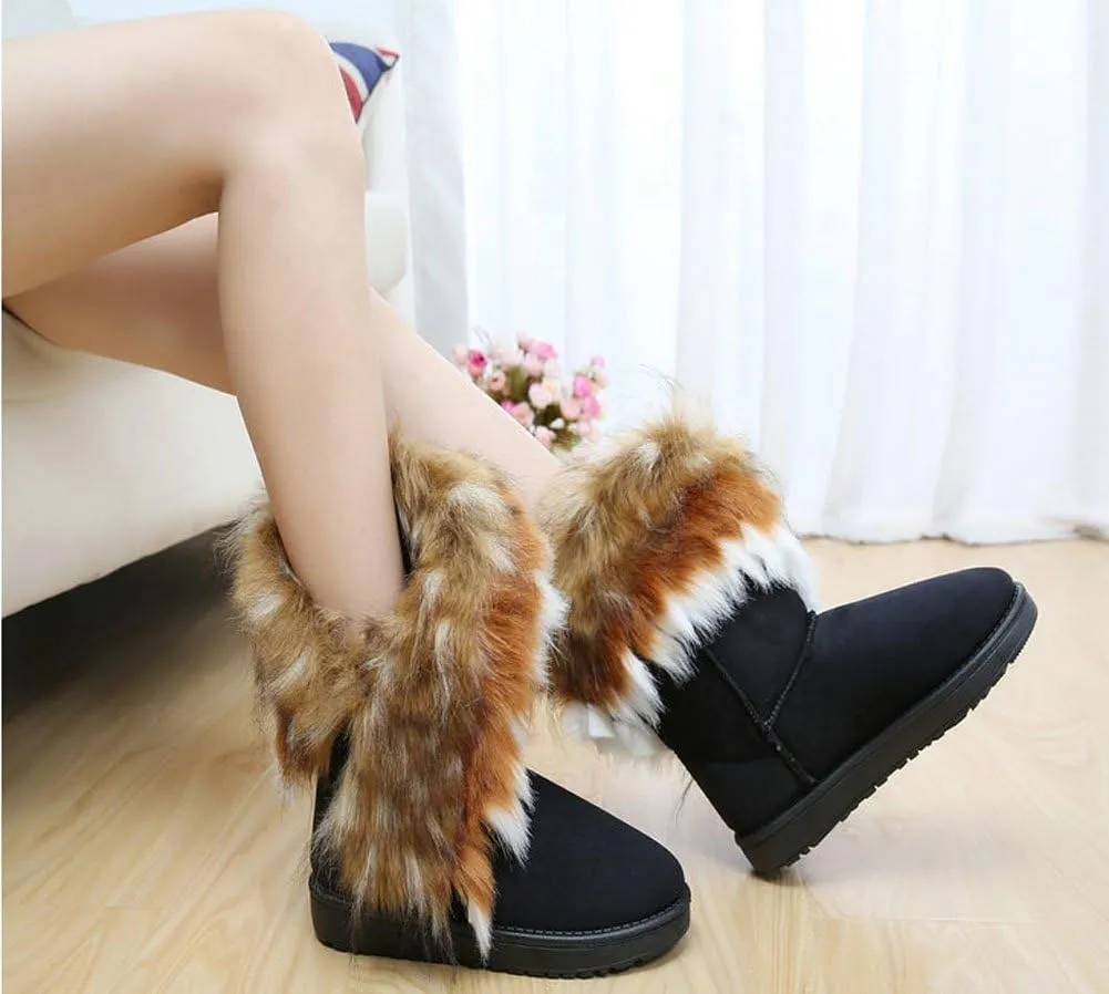 King Ma Women's Faux Fur Tassel Winter Snow Boot Suede Flat Ankle Boots