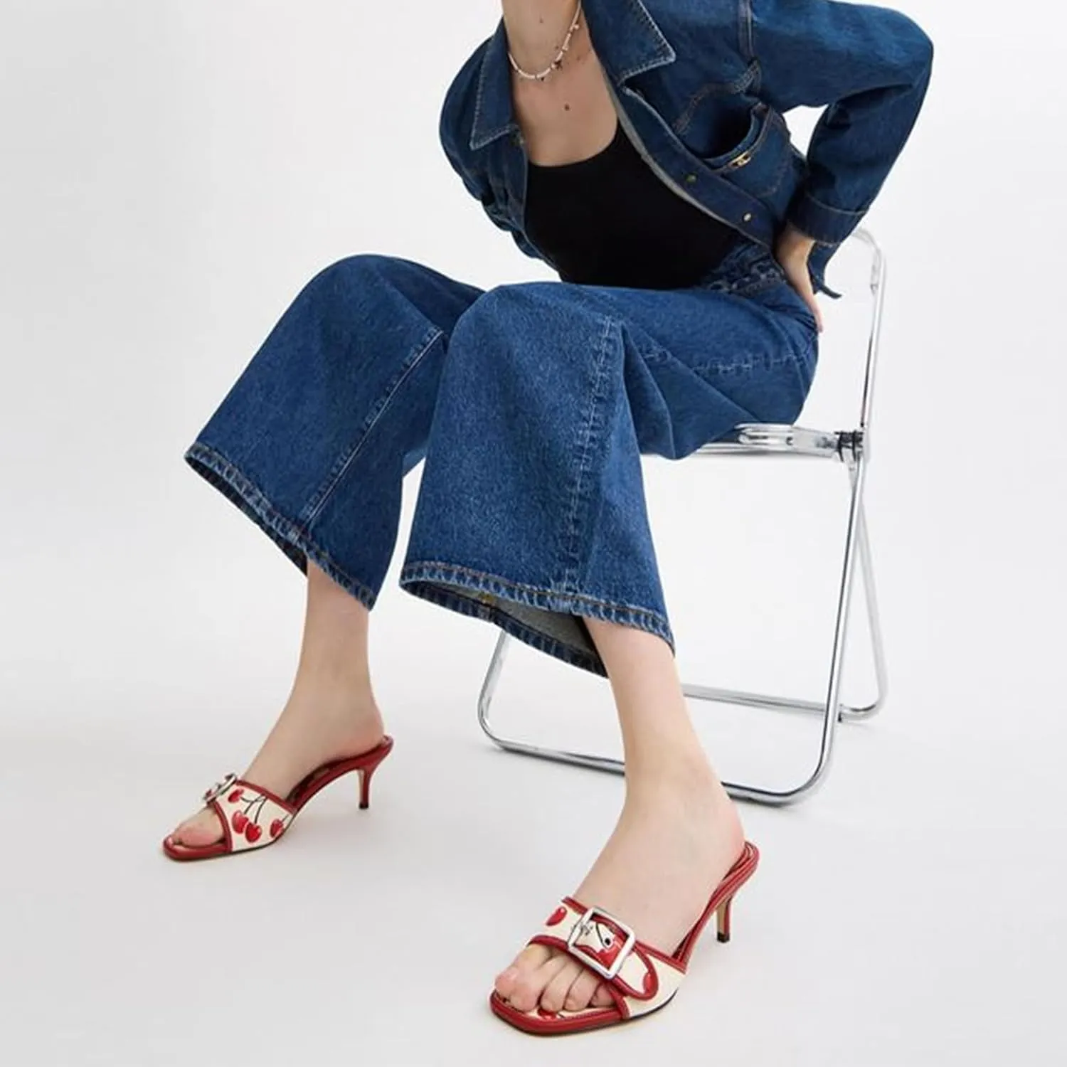Kitten Heels Sandals for Women Square Open Toe Dressy Bow Heel Vintage Heeled Mules Sexy Studded Slip on Slide Dress Shoes