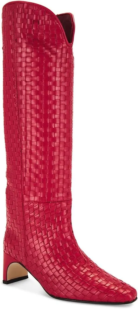 Knee High Boots Women Slip on Narrow Block Heel Pointed Square Toe Woven Leather Boots for Ladies Sexy
