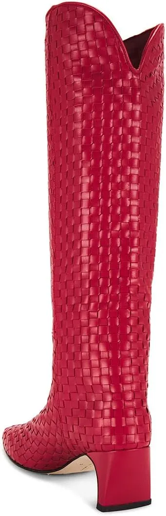 Knee High Boots Women Slip on Narrow Block Heel Pointed Square Toe Woven Leather Boots for Ladies Sexy