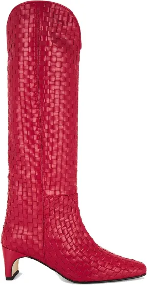 Knee High Boots Women Slip on Narrow Block Heel Pointed Square Toe Woven Leather Boots for Ladies Sexy