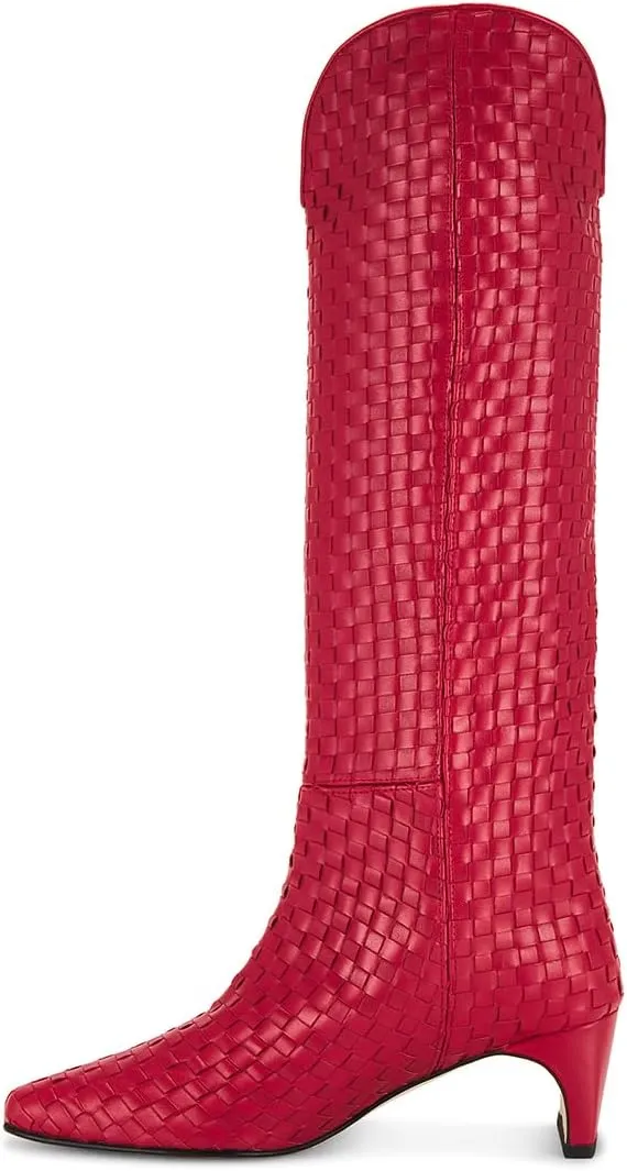 Knee High Boots Women Slip on Narrow Block Heel Pointed Square Toe Woven Leather Boots for Ladies Sexy