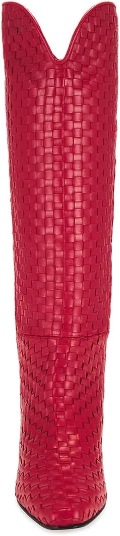 Knee High Boots Women Slip on Narrow Block Heel Pointed Square Toe Woven Leather Boots for Ladies Sexy