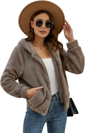 KOJOOIN Women's Winter Fleece Jackets Sherpa Teedy Zip-up Jackets Coat Faux Fur Long Sleeve Shaggy Jacket with Pockets