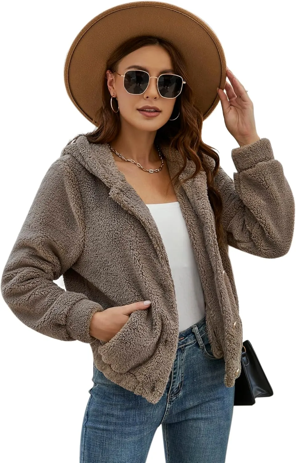 KOJOOIN Women's Winter Fleece Jackets Sherpa Teedy Zip-up Jackets Coat Faux Fur Long Sleeve Shaggy Jacket with Pockets