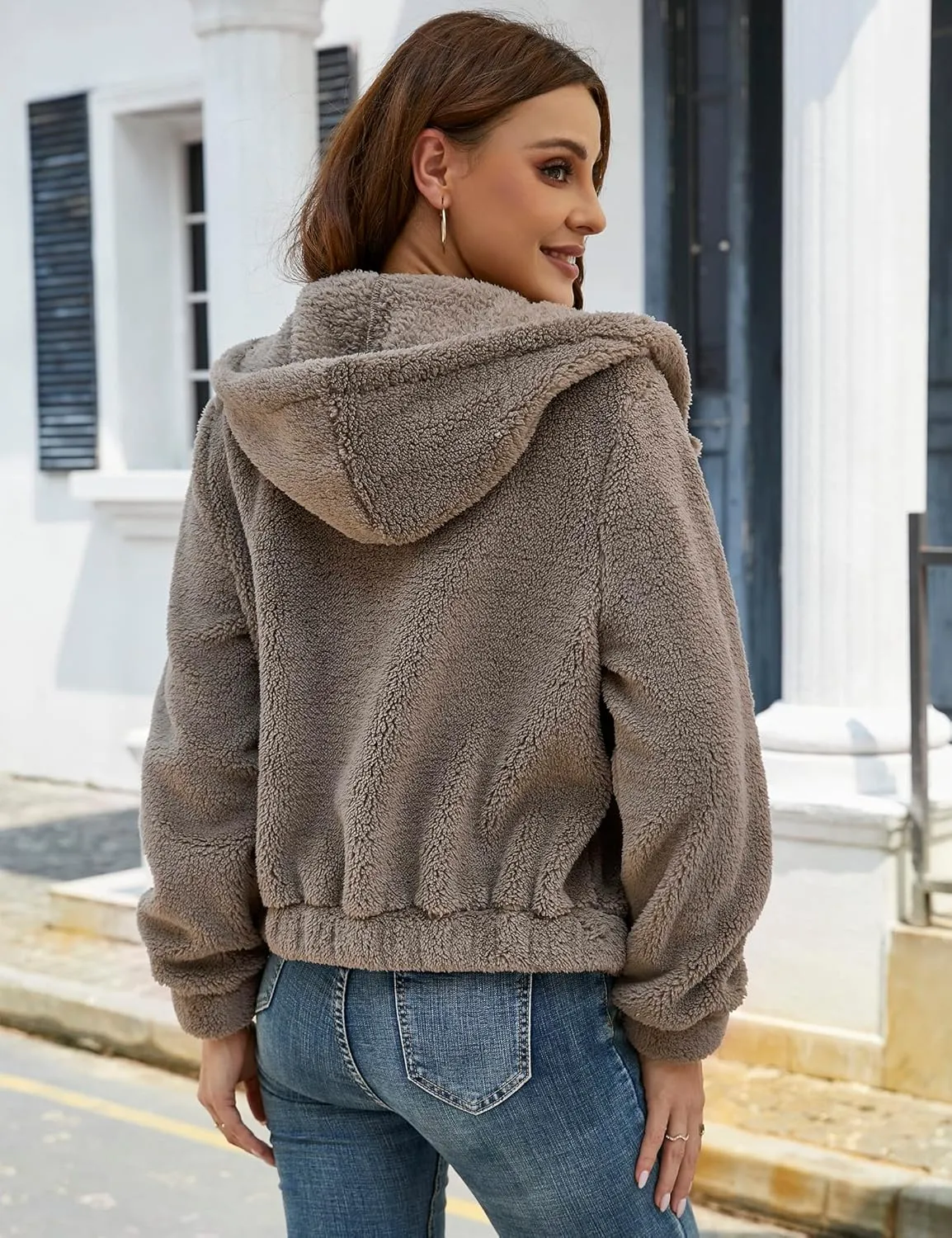 KOJOOIN Women's Winter Fleece Jackets Sherpa Teedy Zip-up Jackets Coat Faux Fur Long Sleeve Shaggy Jacket with Pockets