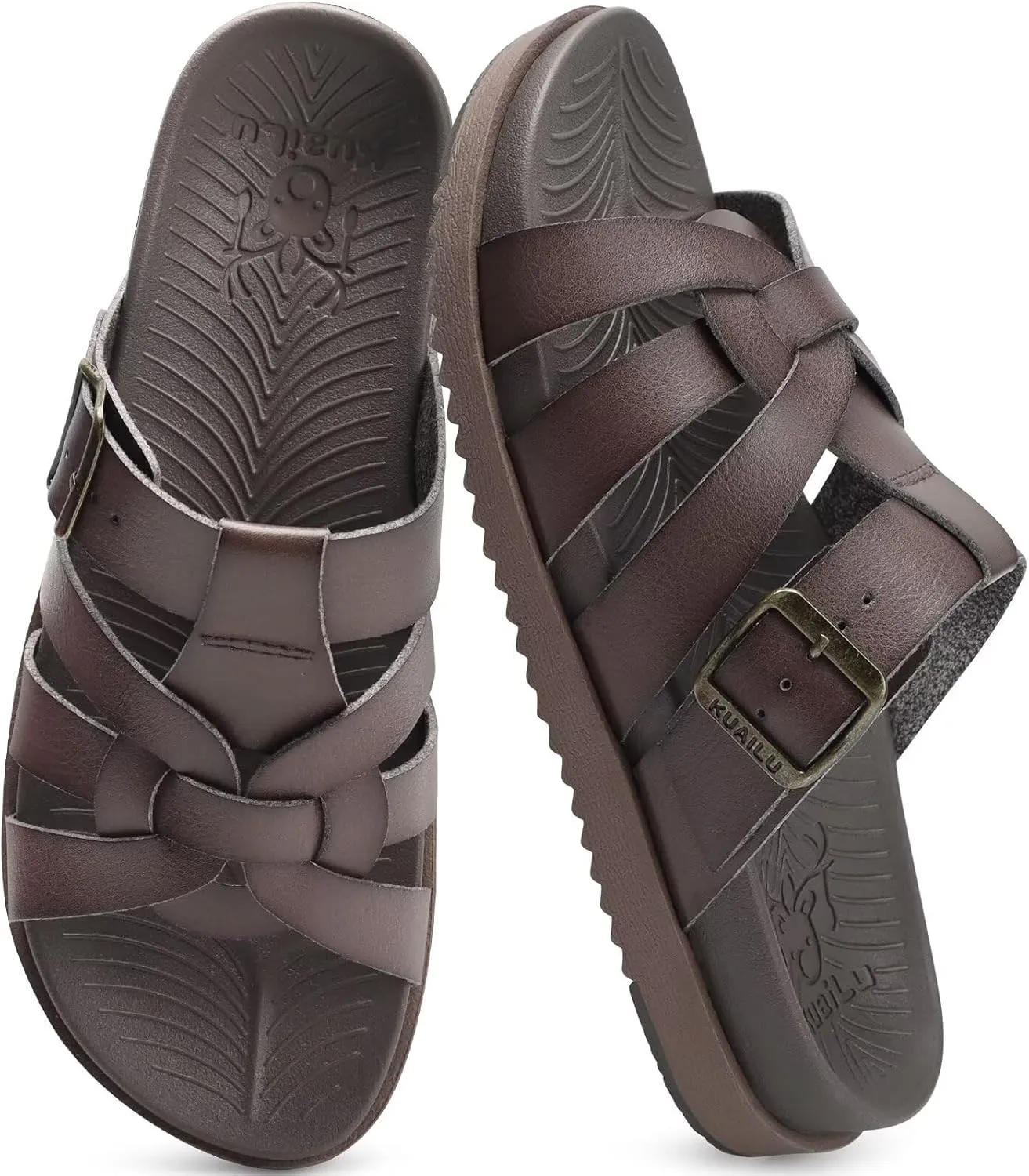 KuaiLu Gladiator Sandals for Women with Comfortable Arch Support Summer Beach Walking Fisherman Slides Boho Outfits Slip on Cushion Shoes Indoor Outdoor
