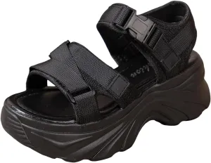 Ladies Casual Solid Color Thick Bottom High Heel Buckle Large Size Sports Sandals Cute Summer Shoes Women