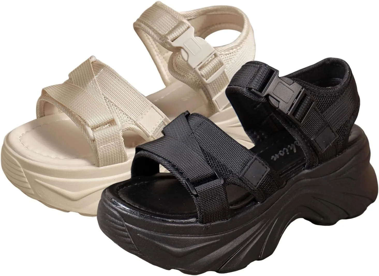Ladies Casual Solid Color Thick Bottom High Heel Buckle Large Size Sports Sandals Cute Summer Shoes Women
