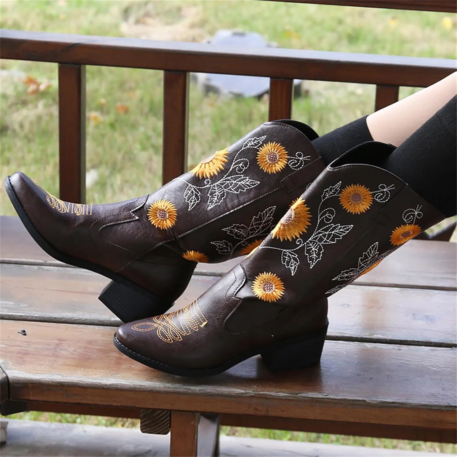 Ladmiple Boots For Women Cowboy Style Wide Calf Knee High Seam Mid Block Heel Almond Fashion Classic Cowgirl Boots Slip-On