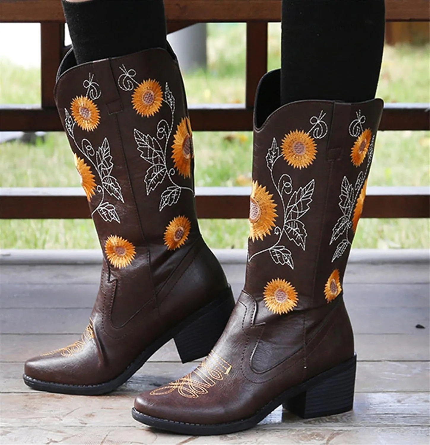 Ladmiple Boots For Women Cowboy Style Wide Calf Knee High Seam Mid Block Heel Almond Fashion Classic Cowgirl Boots Slip-On