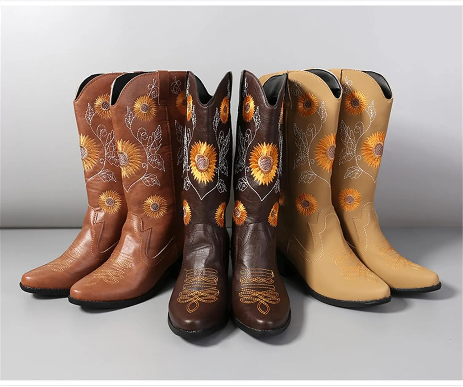 Ladmiple Boots For Women Cowboy Style Wide Calf Knee High Seam Mid Block Heel Almond Fashion Classic Cowgirl Boots Slip-On