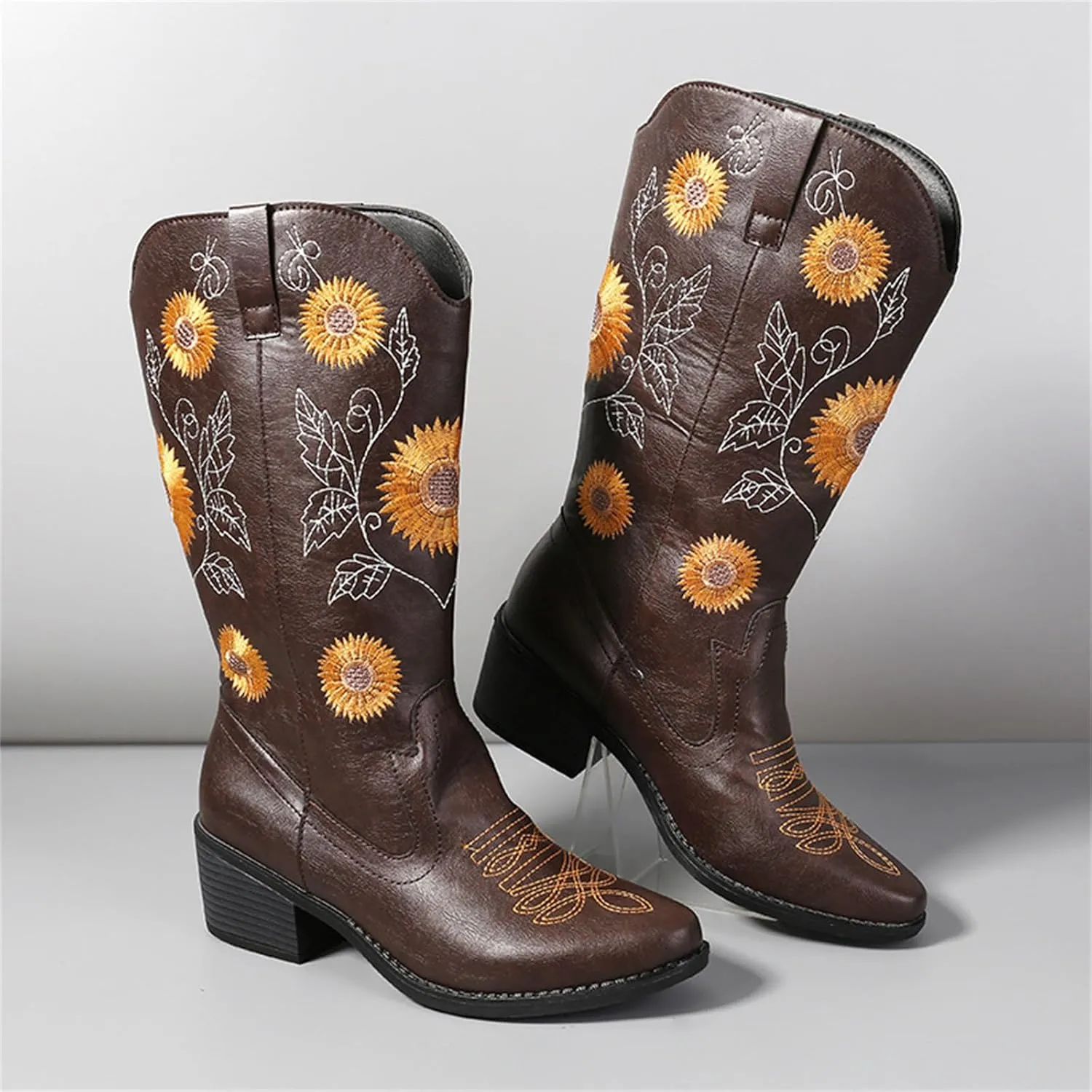 Ladmiple Boots For Women Cowboy Style Wide Calf Knee High Seam Mid Block Heel Almond Fashion Classic Cowgirl Boots Slip-On