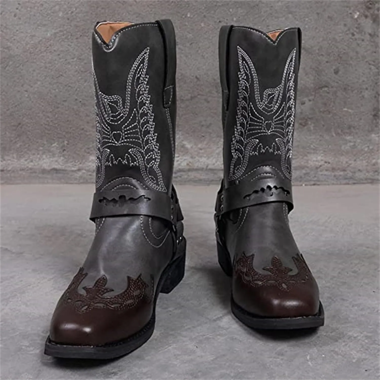 Ladmiple Cowboy Boots For Women Mid Calf Wide Width Knee High Seam Mid Heel Block Heel Fashion Cowgirl Boots Slip-On