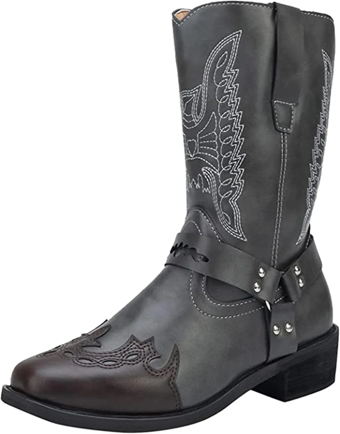 Ladmiple Cowboy Boots For Women Mid Calf Wide Width Knee High Seam Mid Heel Block Heel Fashion Cowgirl Boots Slip-On