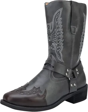 Ladmiple Cowboy Boots For Women Mid Calf Wide Width Knee High Seam Mid Heel Block Heel Fashion Cowgirl Boots Slip-On
