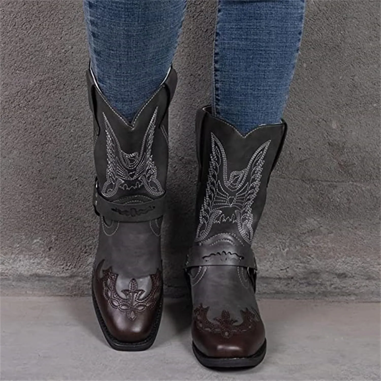Ladmiple Cowboy Boots For Women Mid Calf Wide Width Knee High Seam Mid Heel Block Heel Fashion Cowgirl Boots Slip-On