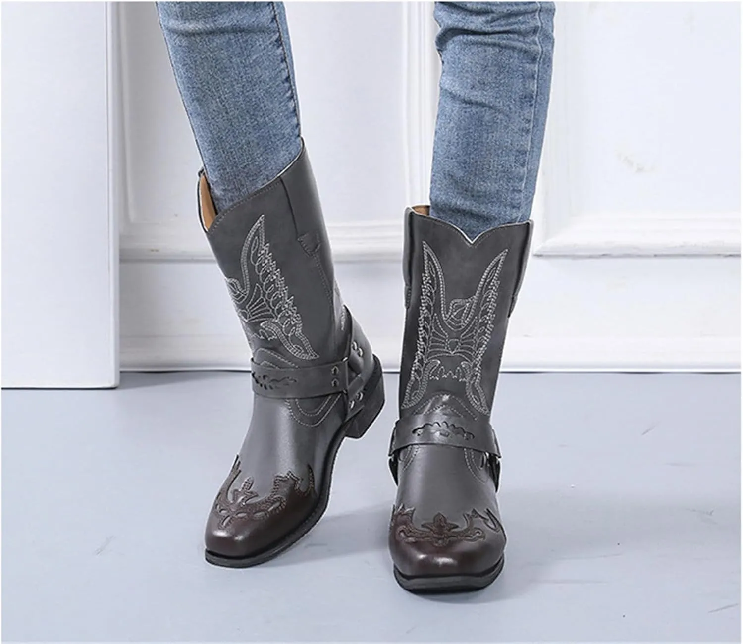 Ladmiple Cowboy Boots For Women Mid Calf Wide Width Knee High Seam Mid Heel Block Heel Fashion Cowgirl Boots Slip-On