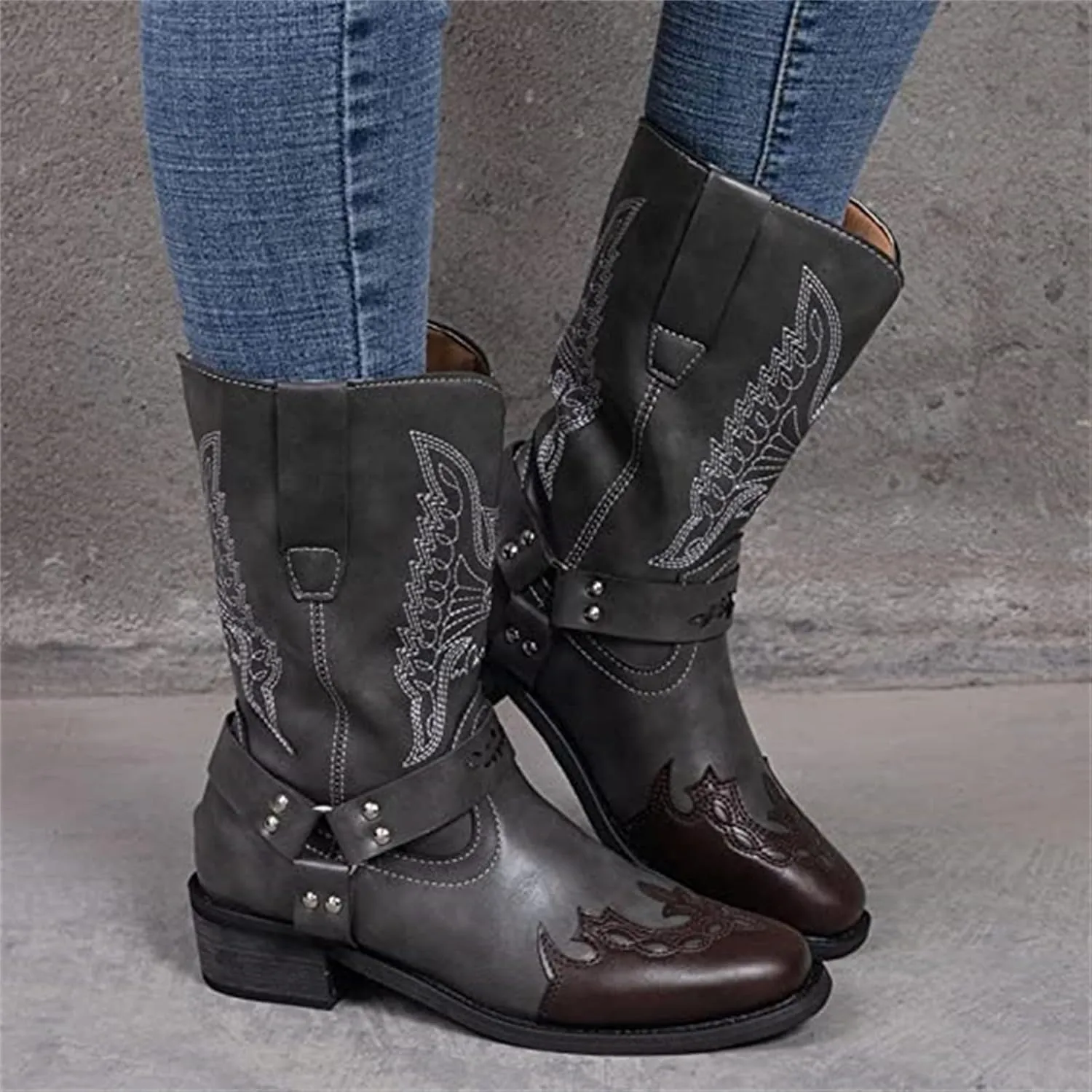 Ladmiple Cowboy Boots For Women Mid Calf Wide Width Knee High Seam Mid Heel Block Heel Fashion Cowgirl Boots Slip-On