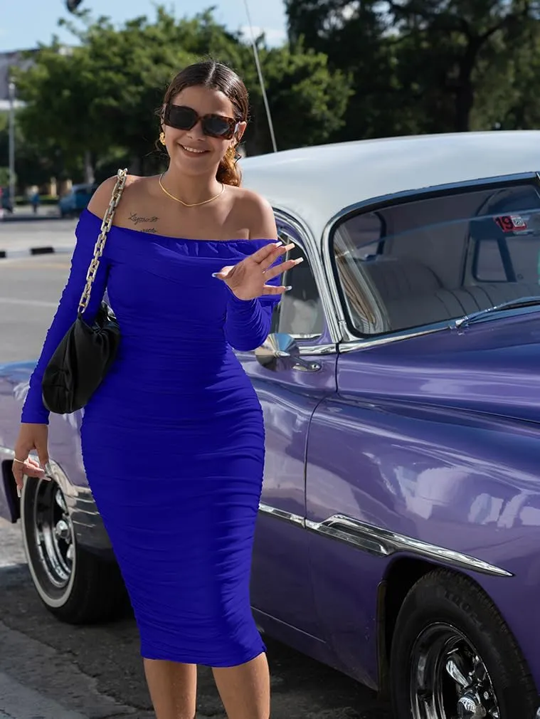 LAGSHIAN Women Sexy Off Shoulder Long Sleeve Bodycon Ruched Midi Elegant Cocktail Party Dress