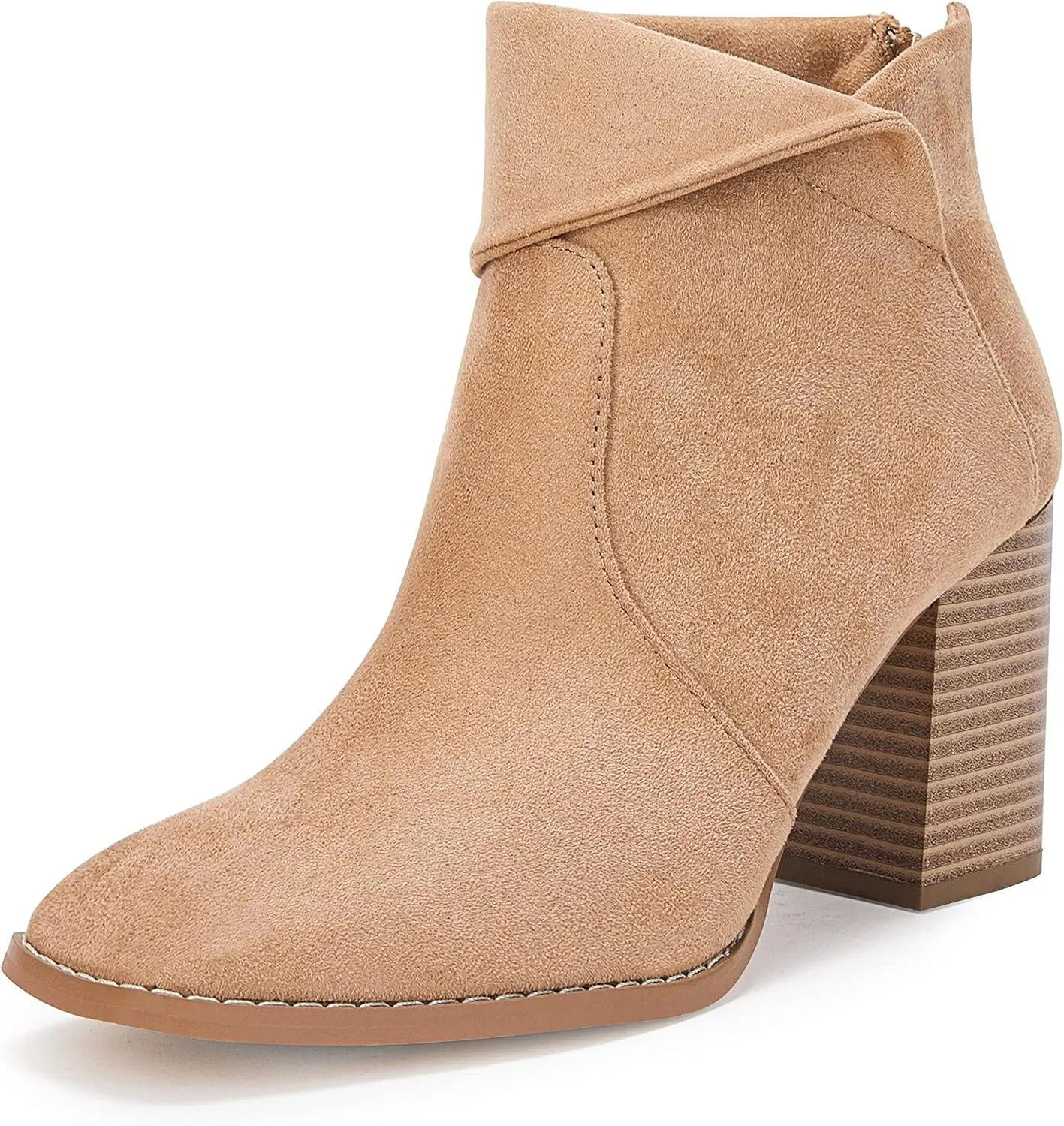 LAICIGO Women's Square Toe Ankle Boots High Chunky Stacked Heel Slip On Criss Cross Zipper Booties