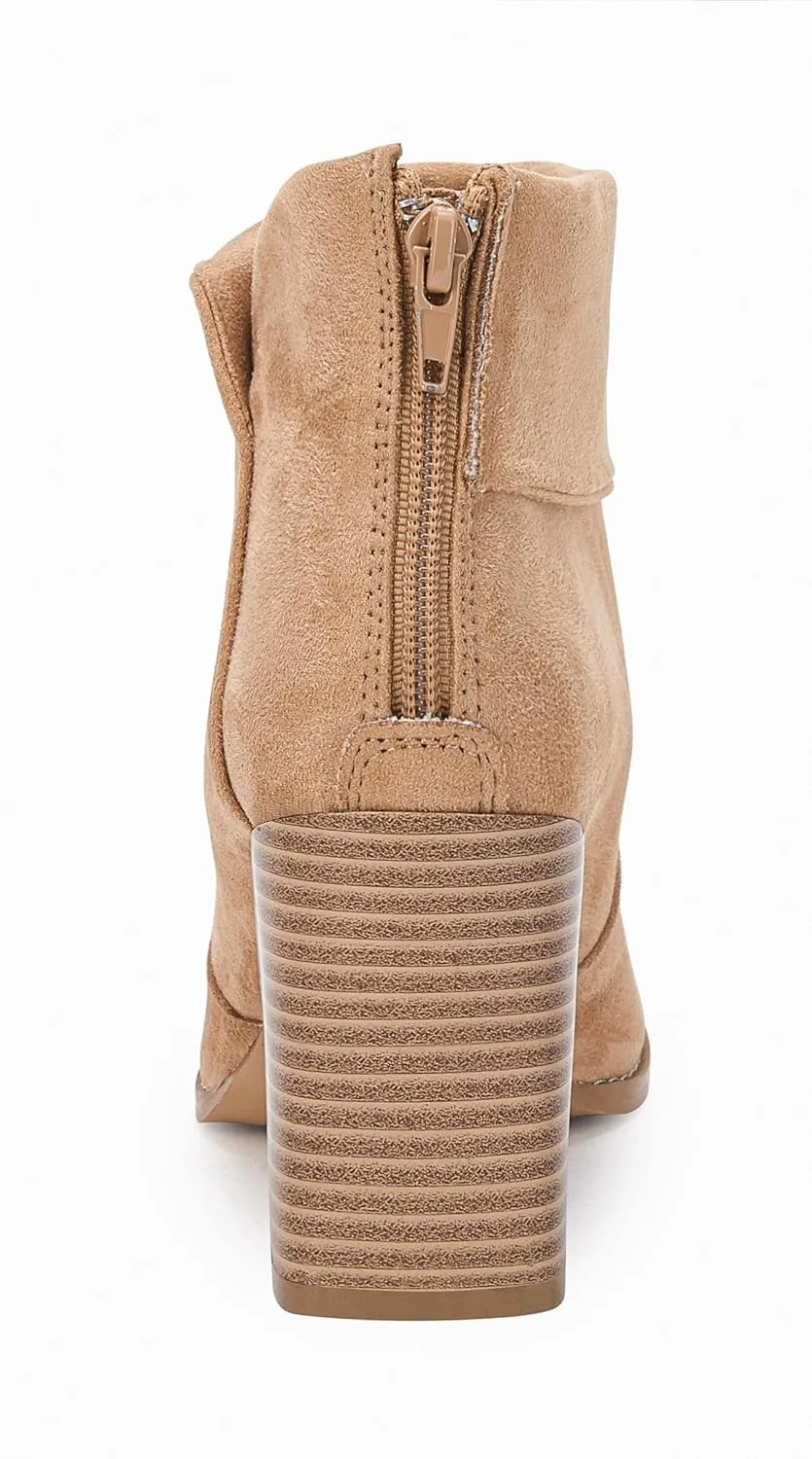 LAICIGO Women's Square Toe Ankle Boots High Chunky Stacked Heel Slip On Criss Cross Zipper Booties