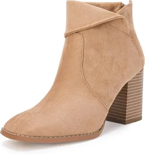 LAICIGO Women's Square Toe Ankle Boots High Chunky Stacked Heel Slip On Criss Cross Zipper Booties