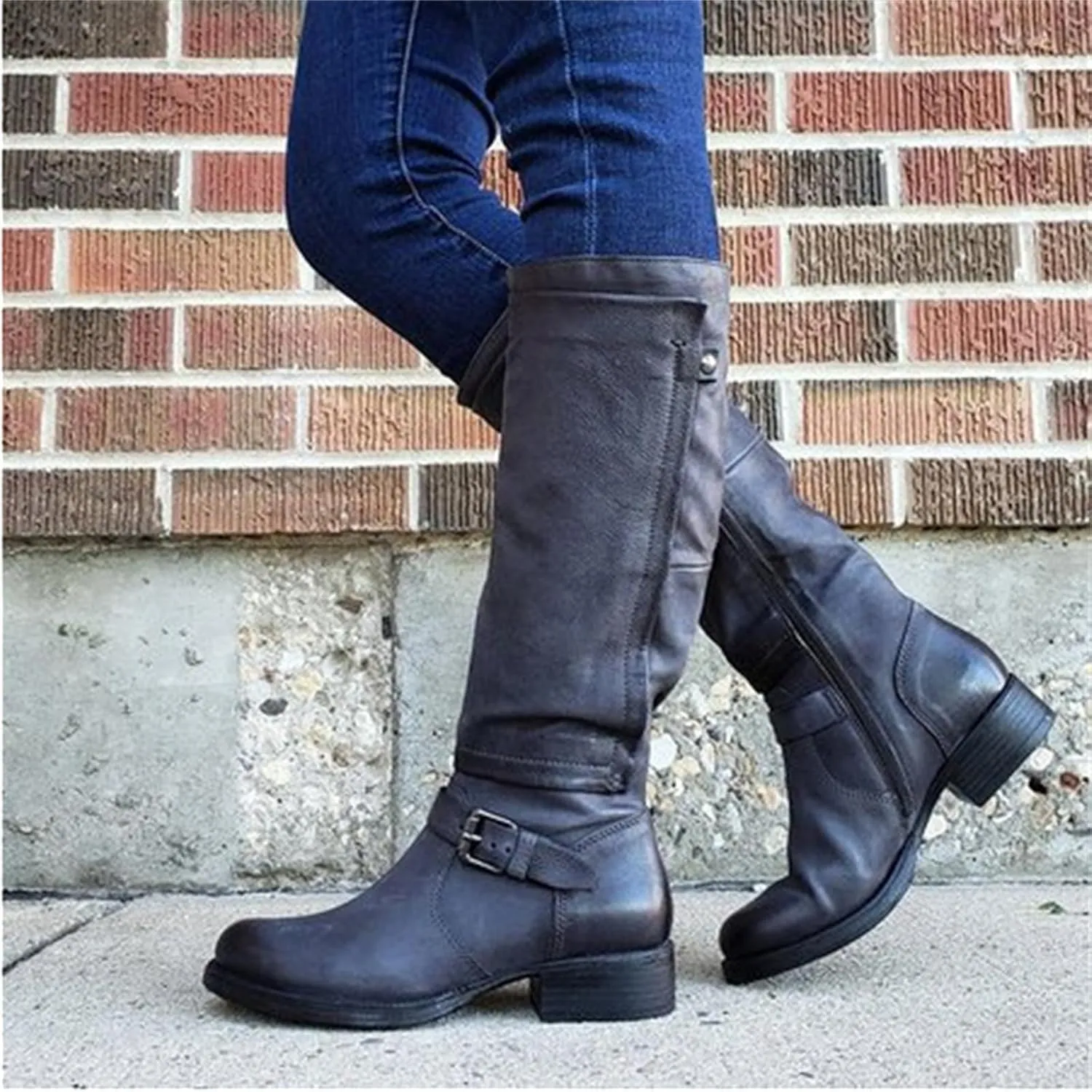 Lausiuoe Knee High Boots Women Wide Calf Flat Heel Stylish Comfortable Round Toe Flat Tall Riding Biker Motorcycle Boots