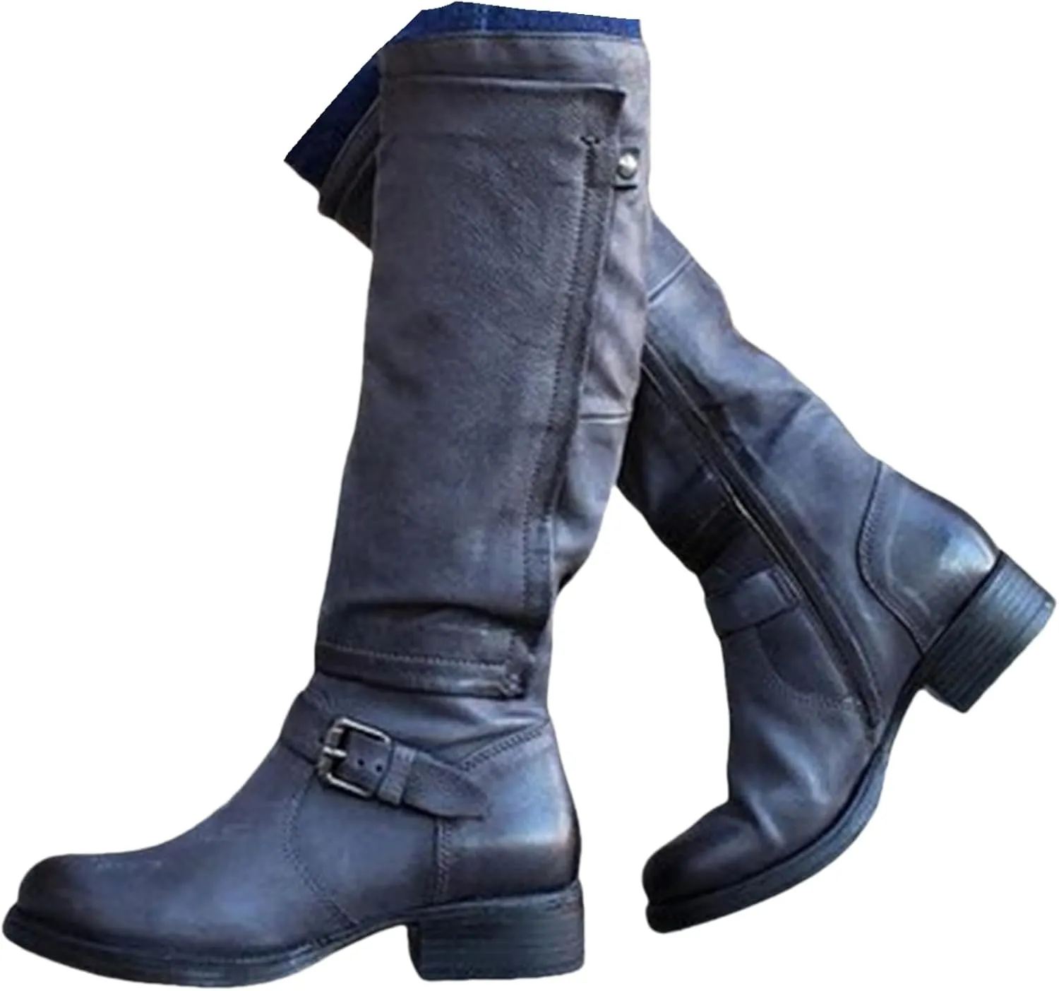 Lausiuoe Knee High Boots Women Wide Calf Flat Heel Stylish Comfortable Round Toe Flat Tall Riding Biker Motorcycle Boots