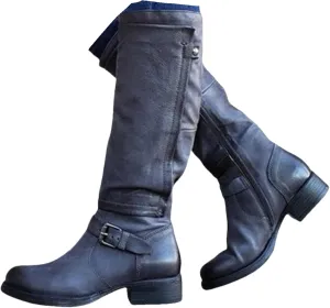 Lausiuoe Knee High Boots Women Wide Calf Flat Heel Stylish Comfortable Round Toe Flat Tall Riding Biker Motorcycle Boots