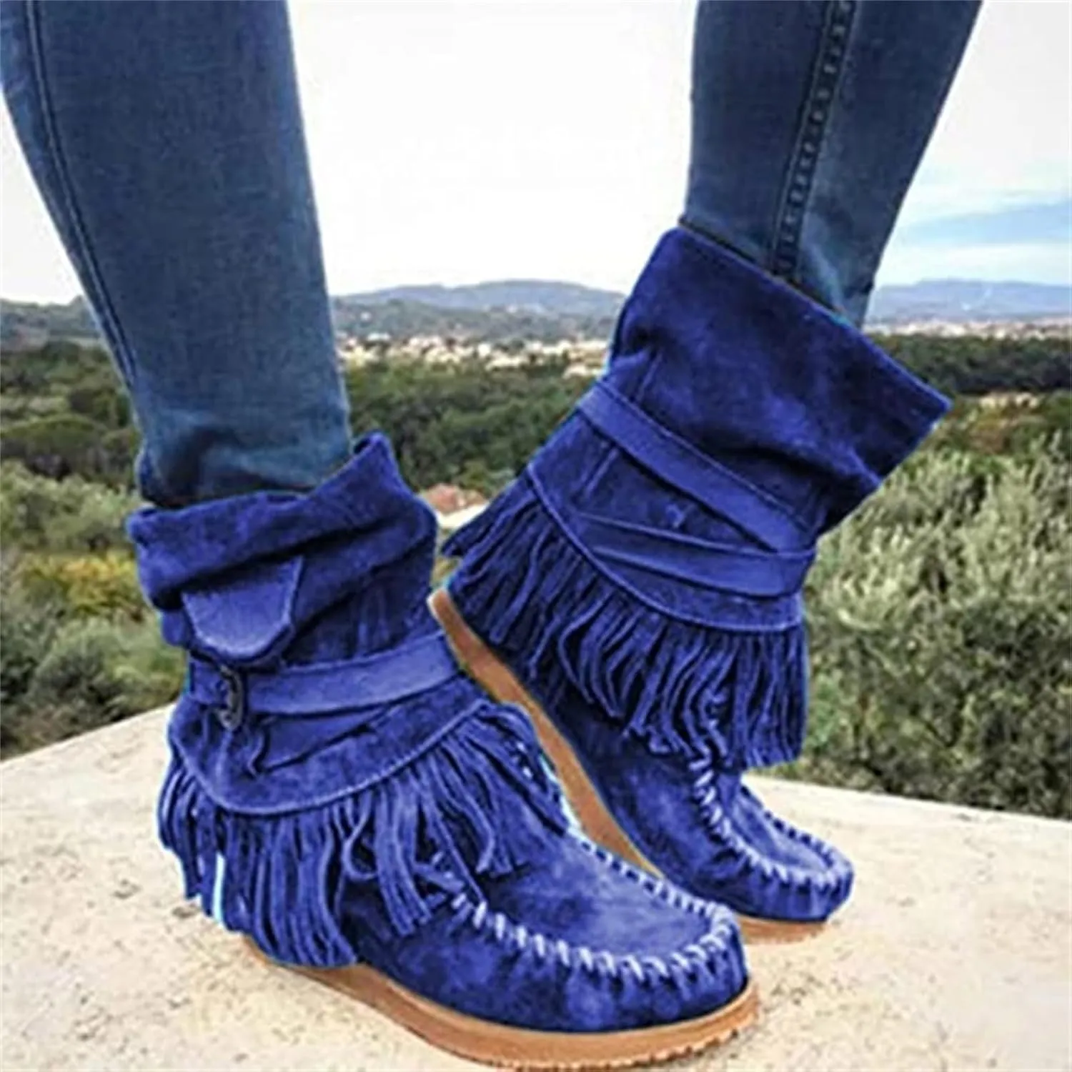 Lausiuoe Womens Boots Knee High Wide Calf Classic Fringe Western Cowboy Boots Cowgirl Style Chunky Fashion Boot Pull-On
