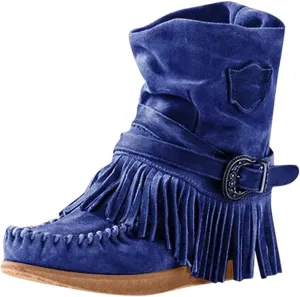 Lausiuoe Womens Boots Knee High Wide Calf Classic Fringe Western Cowboy Boots Cowgirl Style Chunky Fashion Boot Pull-On
