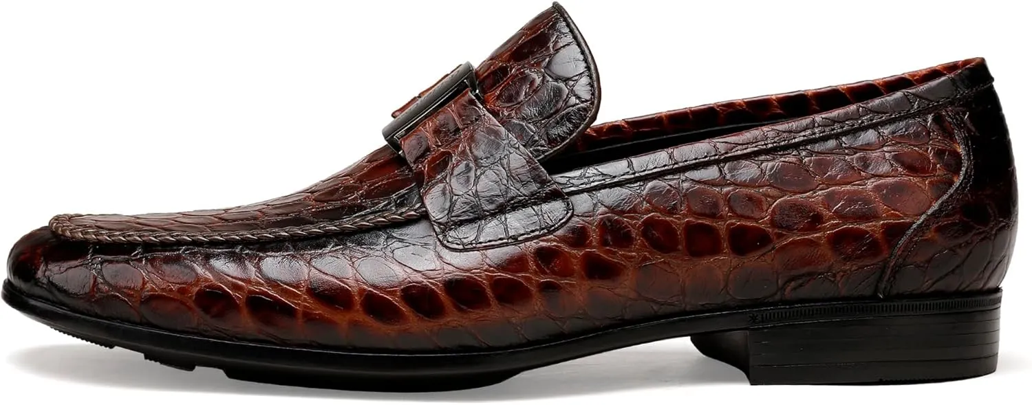 Leather Penny Loafers for Mens, Fashion Crocodile Printed Dress Shoes with Metal Buckle Business Weddings Shoes Slip On Party Loafers