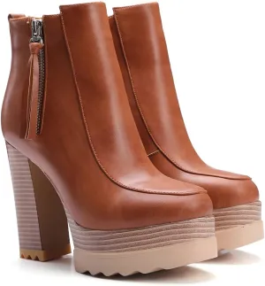 LEHOOR Women Platform Booties Chunky Block Heel Round Toe Ankle Boots With Side Zipper Fringe 4 inch Stacked Heel Lug Sole Short Boots Winter Warm for Ladies Fashion Wedding Booties 4-11 M US