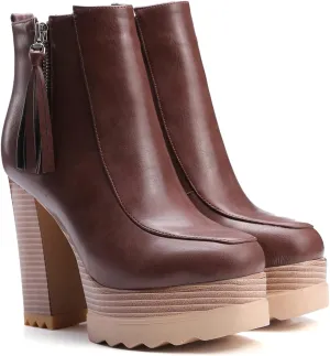 LEHOOR Women Platform Booties Chunky Block Heel Round Toe Ankle Boots With Side Zipper Fringe 4 inch Stacked Heel Lug Sole Short Boots Winter Warm for Ladies Fashion Wedding Booties 4-11 M US