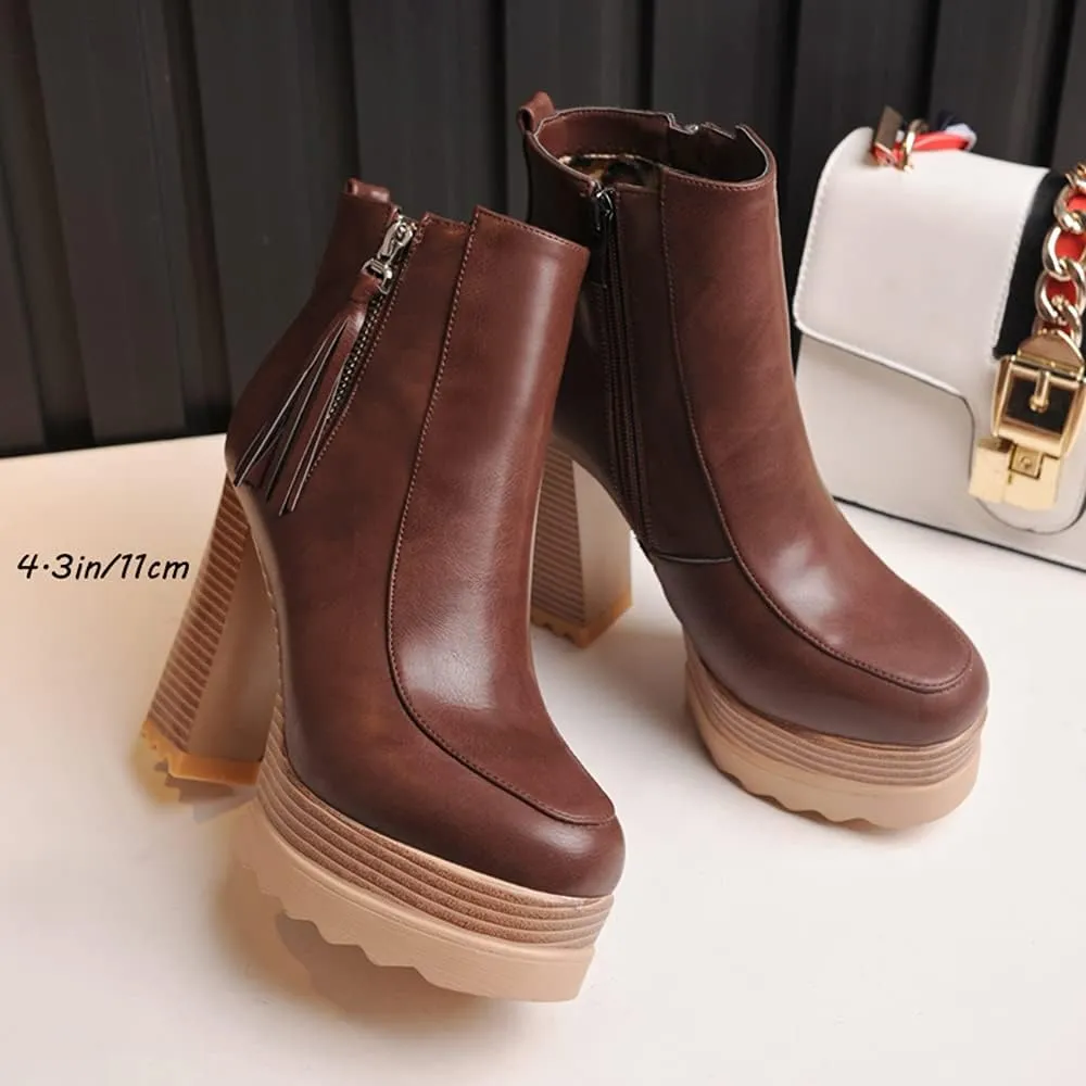 LEHOOR Women Platform Booties Chunky Block Heel Round Toe Ankle Boots With Side Zipper Fringe 4 inch Stacked Heel Lug Sole Short Boots Winter Warm for Ladies Fashion Wedding Booties 4-11 M US