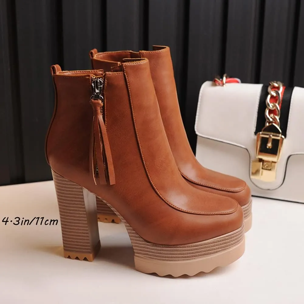 LEHOOR Women Platform Booties Chunky Block Heel Round Toe Ankle Boots With Side Zipper Fringe 4 inch Stacked Heel Lug Sole Short Boots Winter Warm for Ladies Fashion Wedding Booties 4-11 M US
