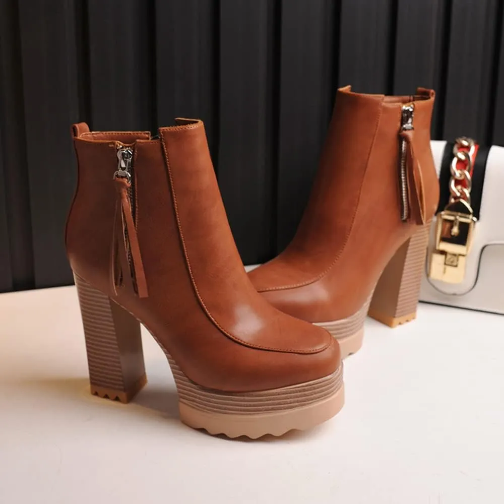 LEHOOR Women Platform Booties Chunky Block Heel Round Toe Ankle Boots With Side Zipper Fringe 4 inch Stacked Heel Lug Sole Short Boots Winter Warm for Ladies Fashion Wedding Booties 4-11 M US