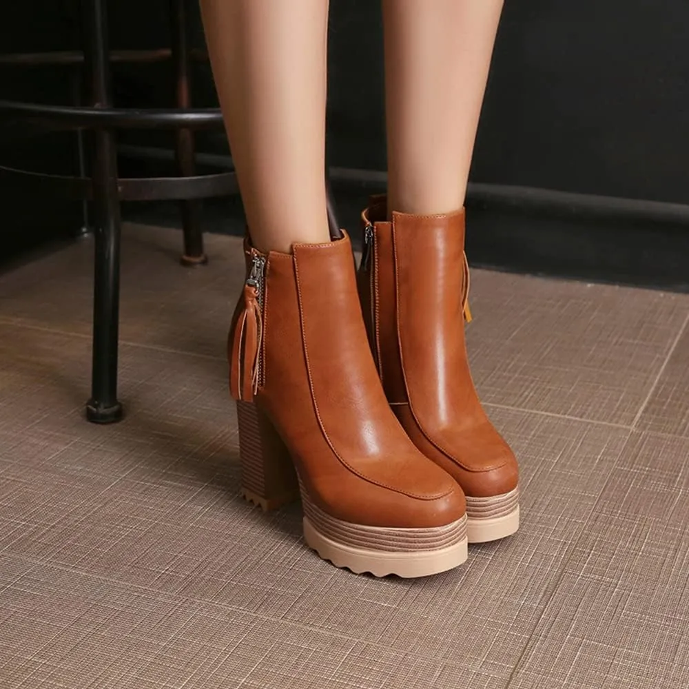 LEHOOR Women Platform Booties Chunky Block Heel Round Toe Ankle Boots With Side Zipper Fringe 4 inch Stacked Heel Lug Sole Short Boots Winter Warm for Ladies Fashion Wedding Booties 4-11 M US