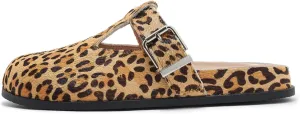 Leopard Faux Calf Hair Mules for Women Round Toe Buckle Strap Platform Clogs Footbed Flatform Mule with Arch Support