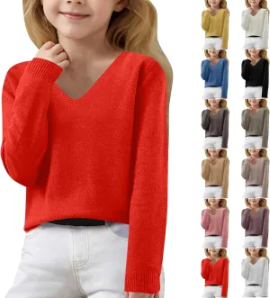 Lightweight Sweaters for Girls Cute v Neck Soft Knit Pullovers Teens Casual Loose Spring Long Sleeve Tops 6-15 Years