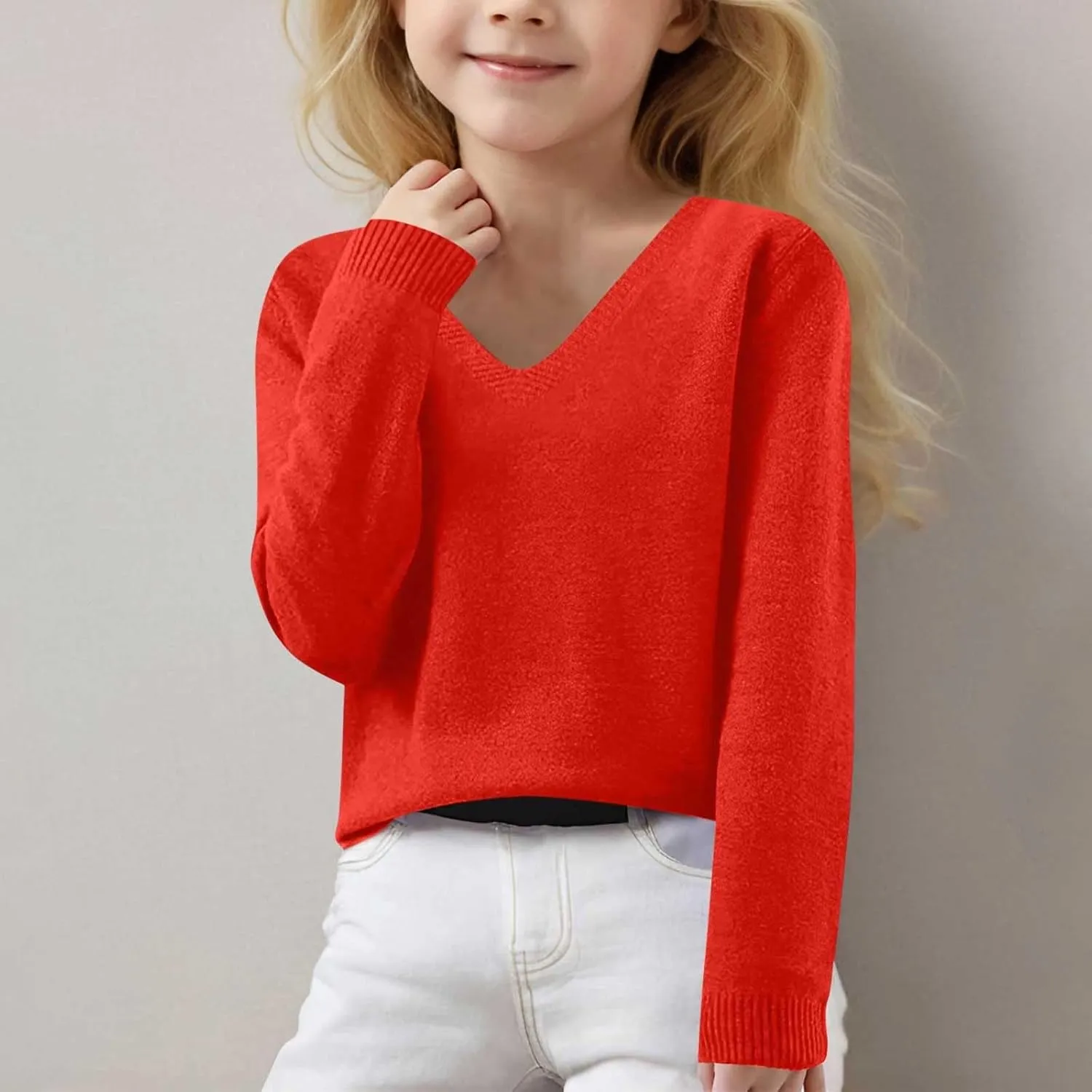Lightweight Sweaters for Girls Cute v Neck Soft Knit Pullovers Teens Casual Loose Spring Long Sleeve Tops 6-15 Years