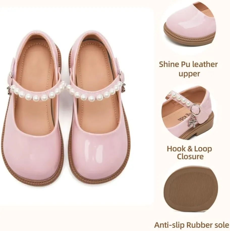 Little Girls Mary Jane Ballerina Ballet Flats for School Wedding Party - Pearl Strap Toddler Flower Girl Dress Shoes