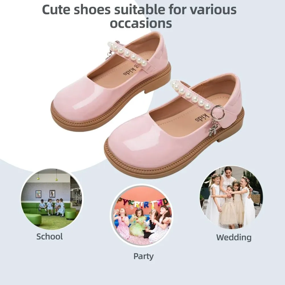 Little Girls Mary Jane Ballerina Ballet Flats for School Wedding Party - Pearl Strap Toddler Flower Girl Dress Shoes